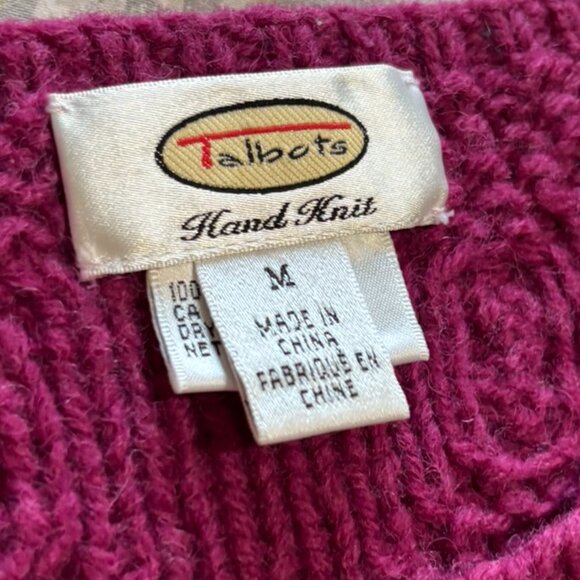 Talbots Womens Pink Purple Raspberry Cable Hand Knit 100% Wool Sweater Medium - Picture 4 of 5